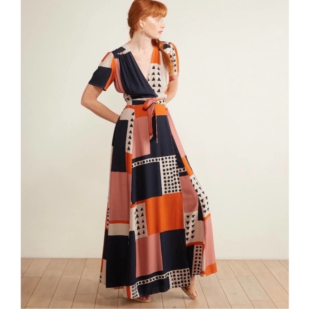 ANTHROPOLOGIE The Odells Orange Navy Pink Melina Wrap Maxi Dress Size Small